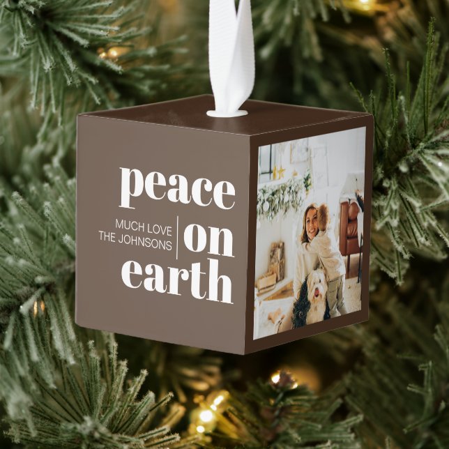 Peace On Earth Personalized Modern Brown Christmas Cube Ornament (Tree)