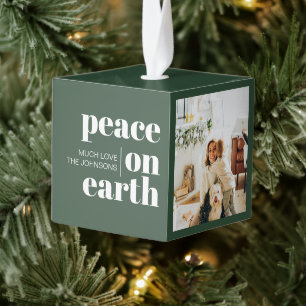 Peace On Earth Personalized Modern Christmas Green Cube Ornament