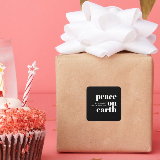 Peace On Earth Personalized Modern Christmas Square Sticker (Party)