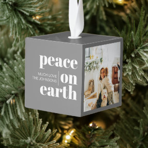 Peace On Earth Personalized Modern Grey Christmas Cube Ornament