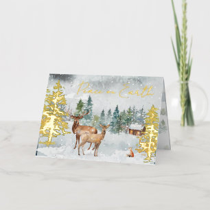 Peace On Earth Photo Snowy Forest Deer Scripture Foil Holiday Card