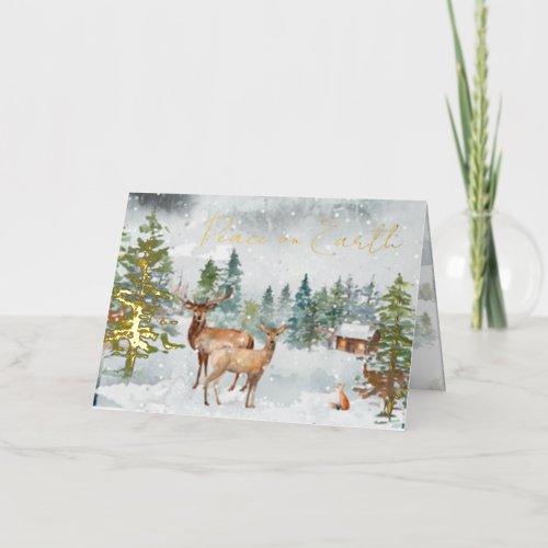 Peace On Earth Photo Snowy Forest Deer Scripture Foil Holiday Card