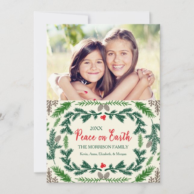 Peace On Earth Pine Branches Holiday Photo Card (Front)