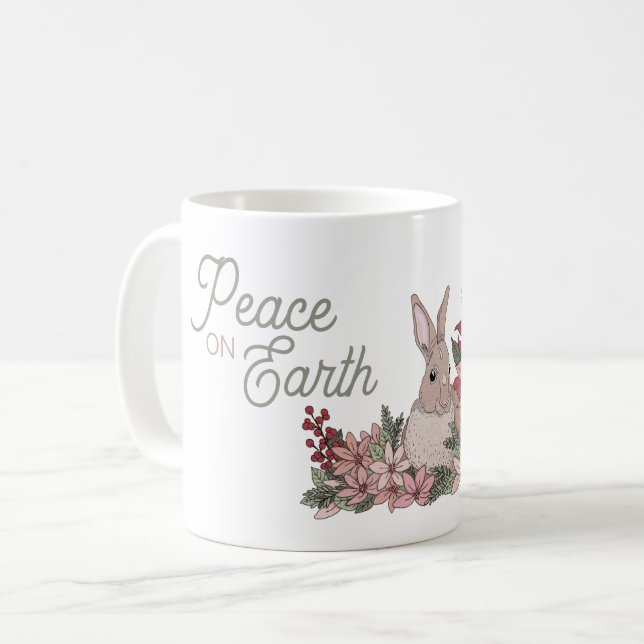 Peace on Earth Pink Flowers and Rabbit Coffee Mug (Front Left)