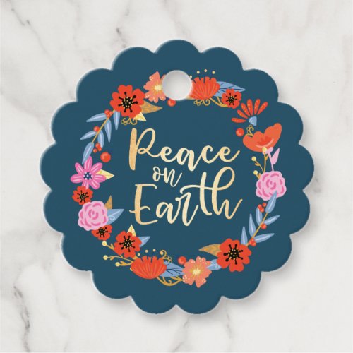 Peace on Earth Pretty Floral Folk Art Wreath Blue Favor Tags