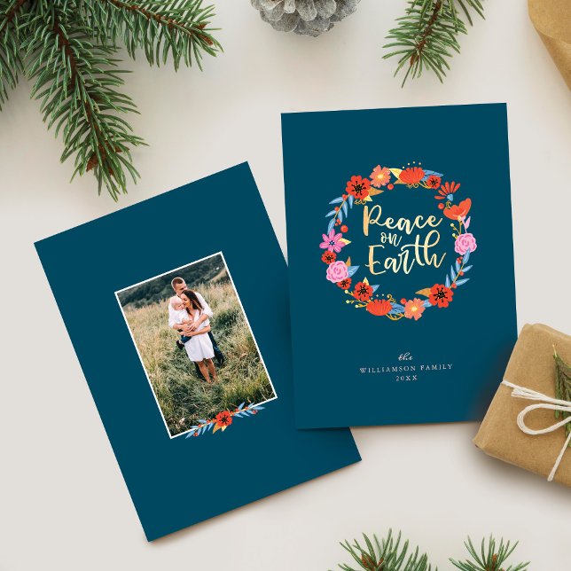 Peace on Earth Pretty Floral Folk Art Wreath Holiday Card (Peace on Earth Pretty Floral Folk Art Wreath Holiday Card)