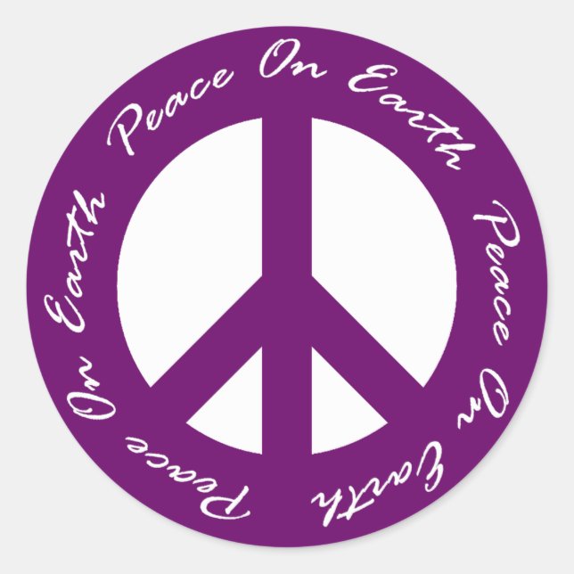 Peace On Earth Purple Holiday Peace Sign Classic Round Sticker (Front)