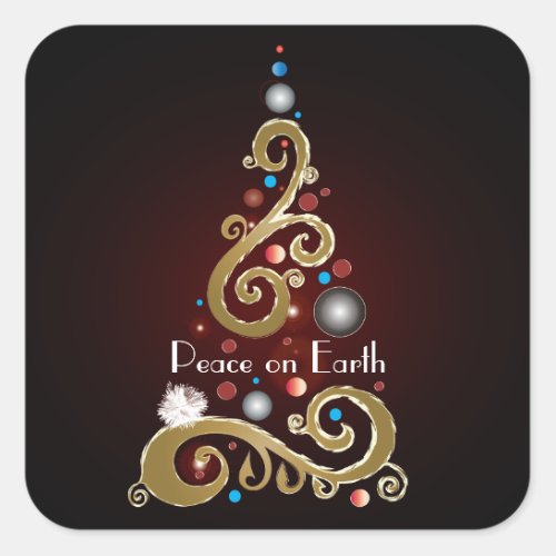 Peace on Earth quote with gold Christmas tree Square Sticker