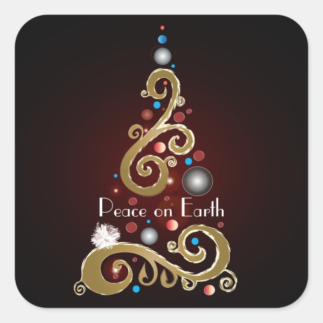 Peace on Earth quote with gold Christmas tree Square Sticker (Front)