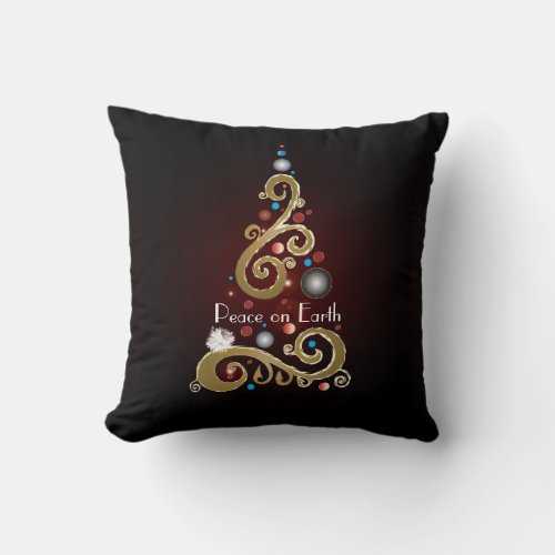 Peace on Earth quote with gold Christmas tree Throw Pillow