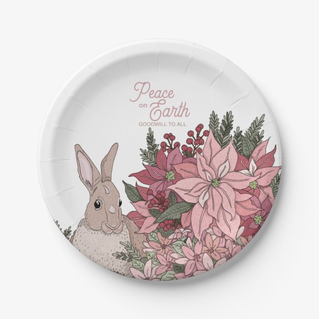 Peace on Earth Rabbit in Flowers Pink Paper Plates (Front)