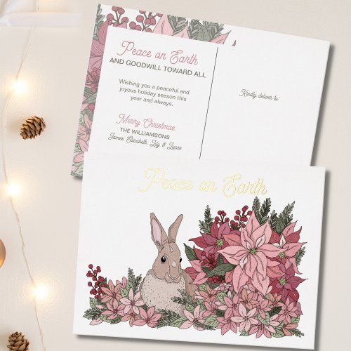 Peace on Earth Rabbit in Poinsettias Christmas Foil Holiday Postcard