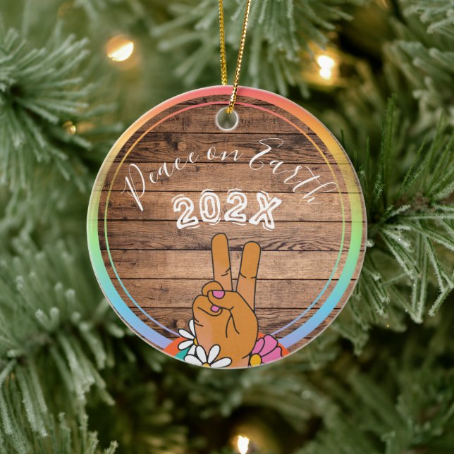 Peace on Earth Rainbow Custom Name- Year  Ceramic Ornament (Tree)