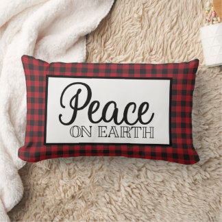 Peace on Earth - Red and Black Buffalo Plaid Lumbar Pillow