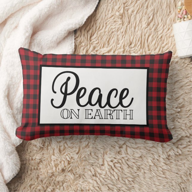 Peace on Earth - Red and Black Buffalo Plaid Lumbar Pillow (Blanket)