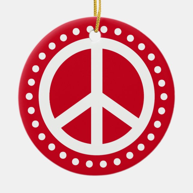 Peace on Earth Red and White Polka Dot Ceramic Ornament (Front)