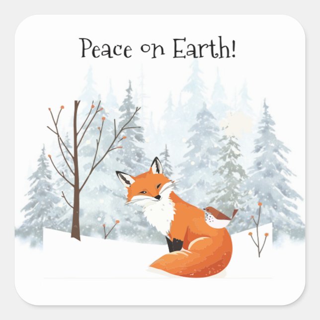 Peace on Earth Red Fox Bird Winter Forest Trees Square Sticker (Front)