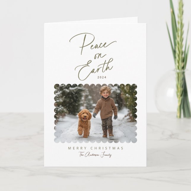 Peace on Earth Script Modern Minimalist Photo Holiday Card (Front)
