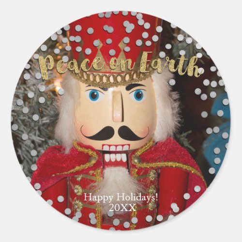 Peace on Earth Silver  Gold Nutcracker Christmas Classic Round Sticker