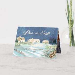 Peace on Earth Snow Covered Village Photo Holiday Card