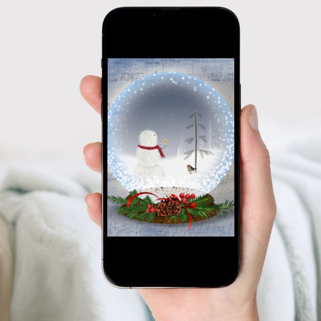 Peace On Earth Snow Globe with snowman Holiday Card (Front Digital)