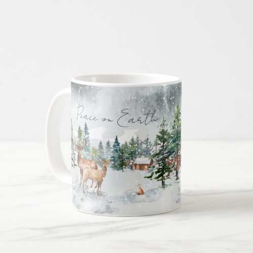 Peace On Earth Snowy Forest Animals Christmas Coffee Mug