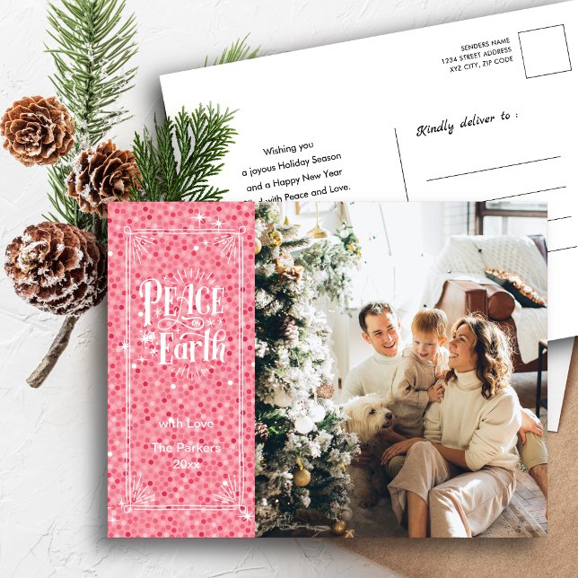 Peace on Earth Sparkling Pink Glitter Christmas Holiday Postcard (Creator Uploaded)