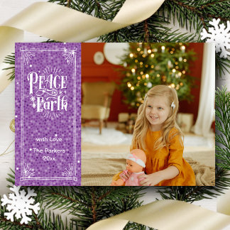 Peace on Earth Sparkling Purple Glitter Christmas Holiday Card