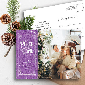 Peace on Earth Sparkling Purple Glitter Christmas Holiday Postcard