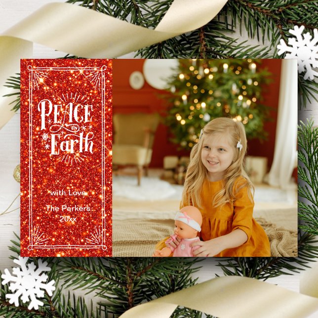 Peace on Earth Sparkling Red Glitter Christmas Holiday Card (Creator Uploaded)