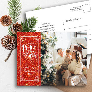 Peace on Earth Sparkling Red Glitter Christmas Holiday Postcard