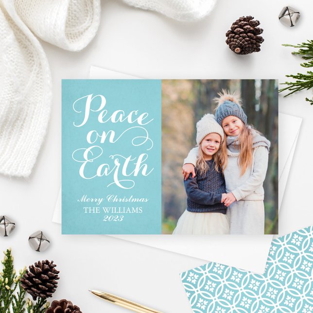 Peace on Earth Teal Script Photo Holiday Card (Creator Uploaded)