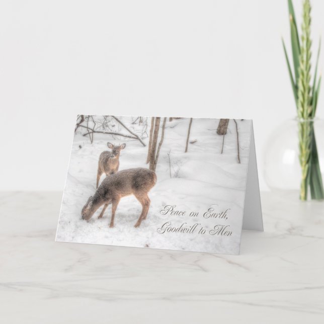 Peace on Earth - Two Deer In Snowy Woods Holiday Card (Front)