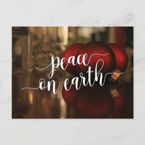 Peace on Earth Typography  Red Ornaments Photo Postcard