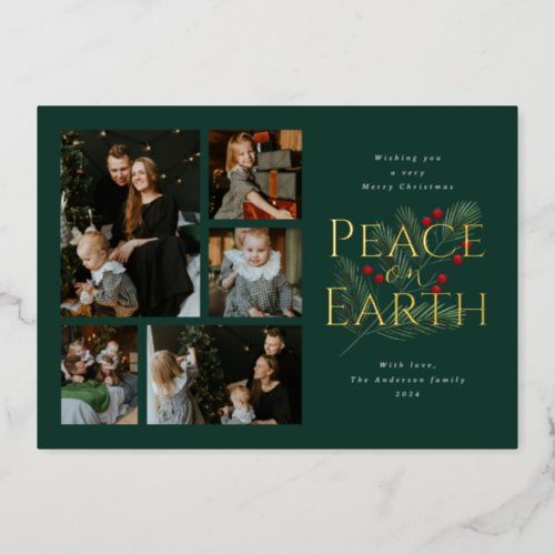 Peace on Earth Watercolor Greenery Gold Foil Holiday Card