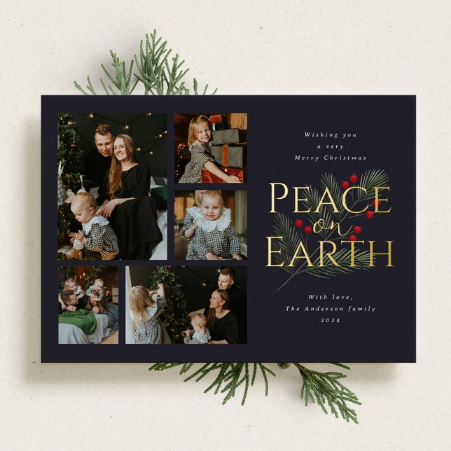 Peace on Earth Watercolor Greenery Gold Foil Holiday Card (Creator Uploaded)