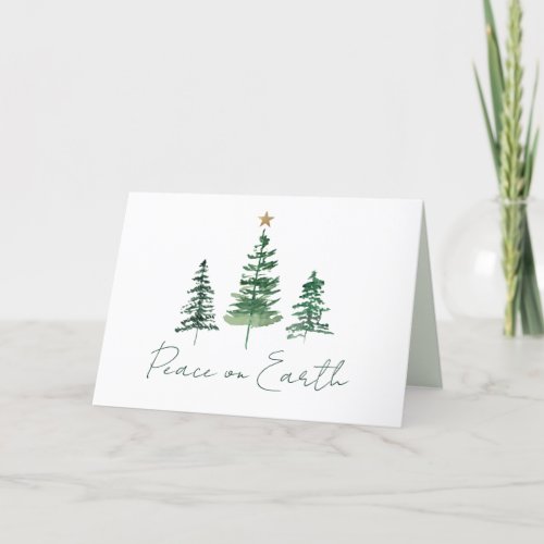 Peace on Earth Watercolor Pine Trees Family Photo Holiday Card