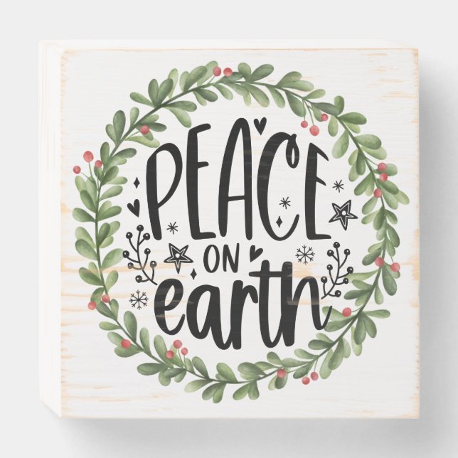 Peace on Earth Watercolor Wreath Wooden Box Sign (Front Horizontal)