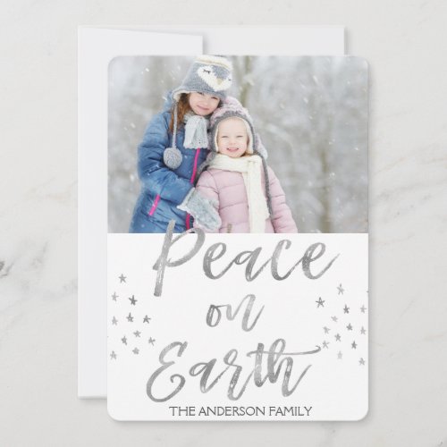 Peace on Earth White and Silver Watercolor Photo Holiday Card