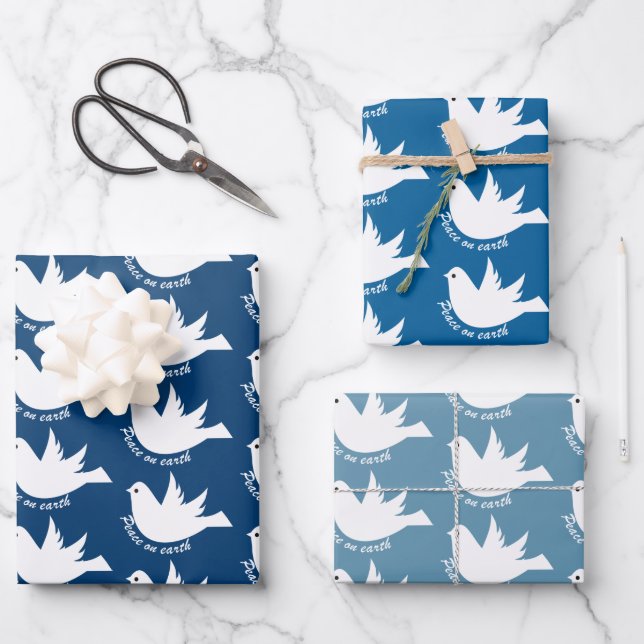Peace on Earth white dove blue Christmas Wrapping Paper Sheets (Front)