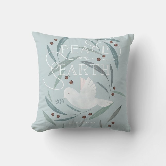Peace on Earth White Dove Blue Holiday Throw Pillow (Front)