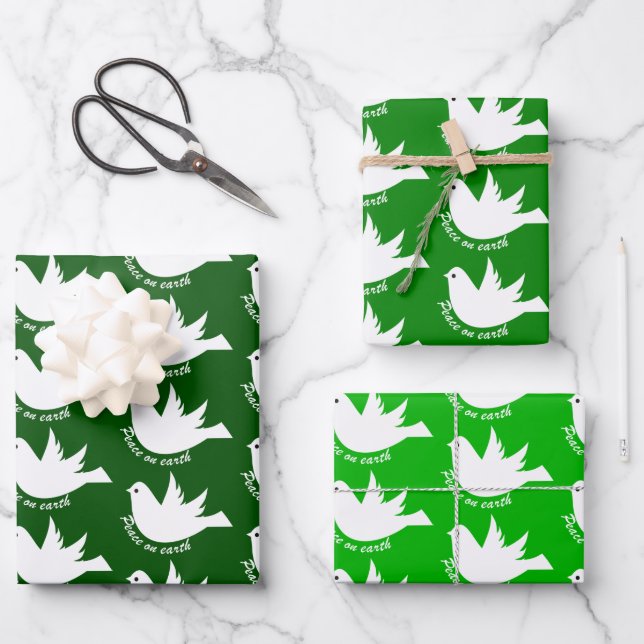 Peace on Earth white dove green Christmas Wrapping Paper Sheets (Front)
