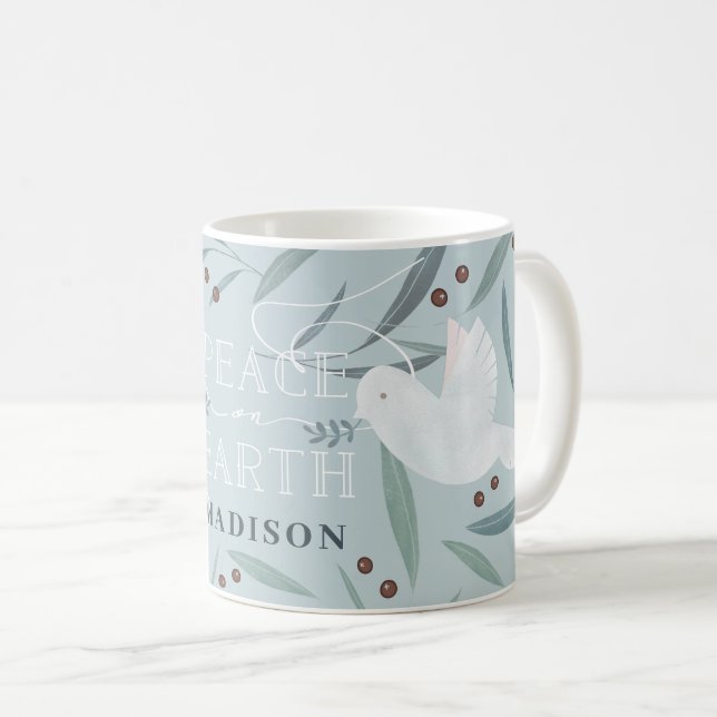 Peace on Earth White Dove Light Blue Holiday Coffee Mug (Front Right)