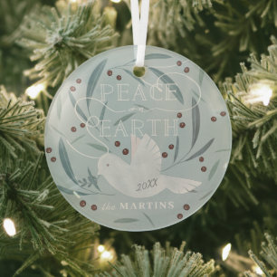 Peace on Earth White Dove Light Blue Holiday Glass Ornament