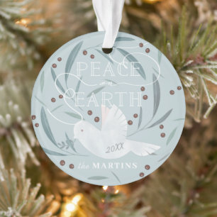 Peace on Earth White Dove Light Blue Holiday Photo Ornament
