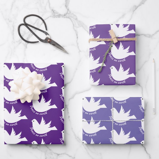 Peace on Earth white dove purple Christmas Wrapping Paper Sheets (Front)
