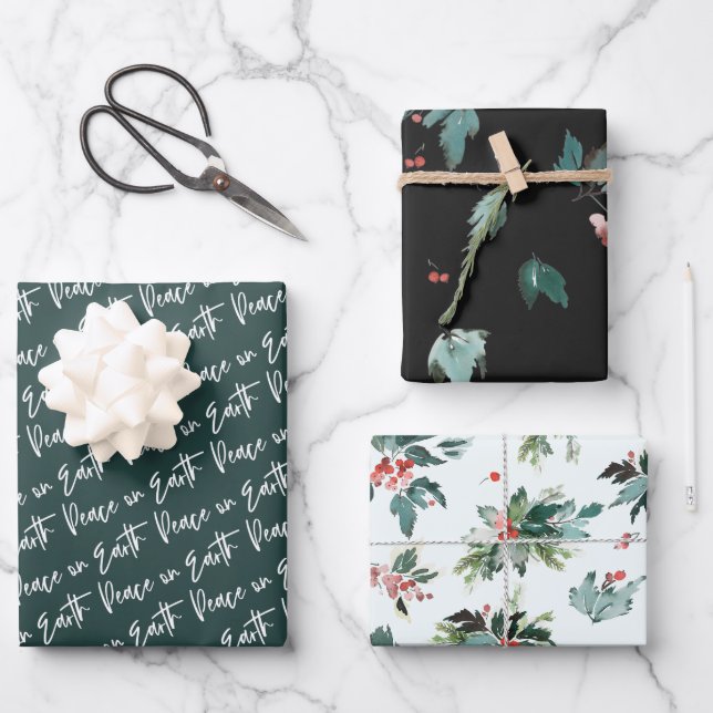 Peace on Earth Winter Botanical Berry Patterns Wrapping Paper Sheets (Front)