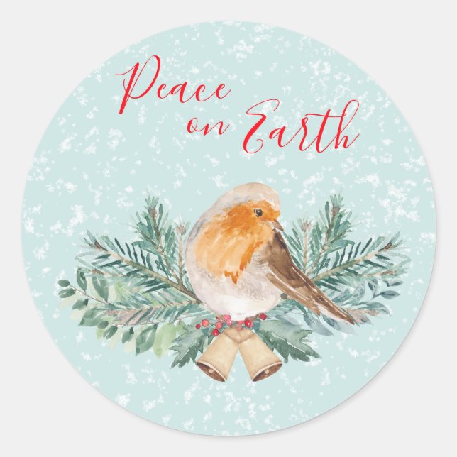 Peace on Earth Winter Robin Christian Christmas Classic Round Sticker (Front)