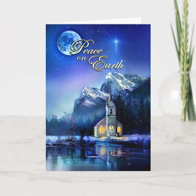 Peace on Earth with Church and Moon Christmas Card (Front)