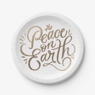 Peace on Earth with dove faux-gold modern script Paper Plates